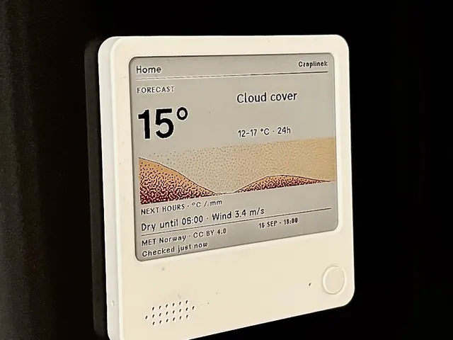 ZECTRIX NOTE4C on a fridge door showing the emini Home forecast: 15 degrees and cloud cover