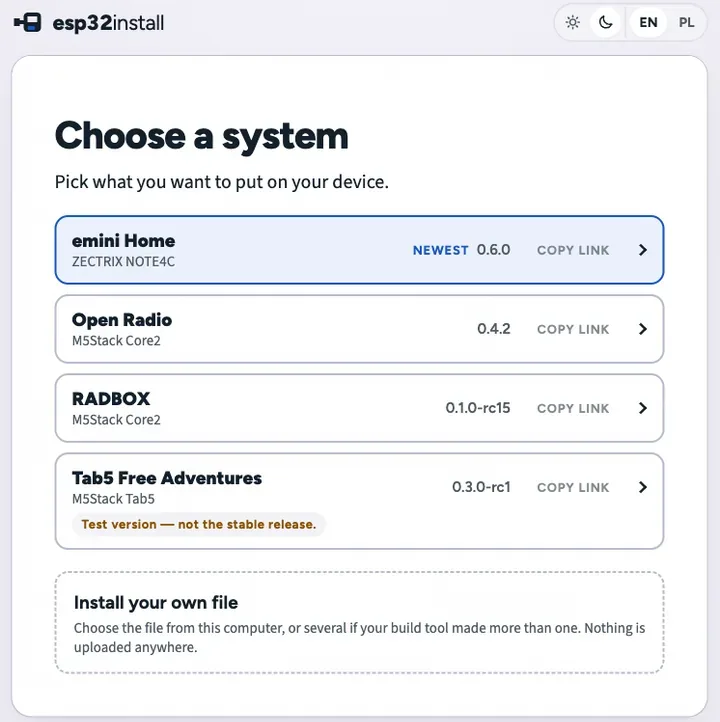 The esp32install page with the list of systems to install and a box for your own file