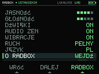 Ustawienia — ekran RADBOX