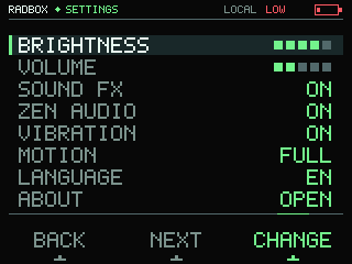 Settings — RADBOX screen