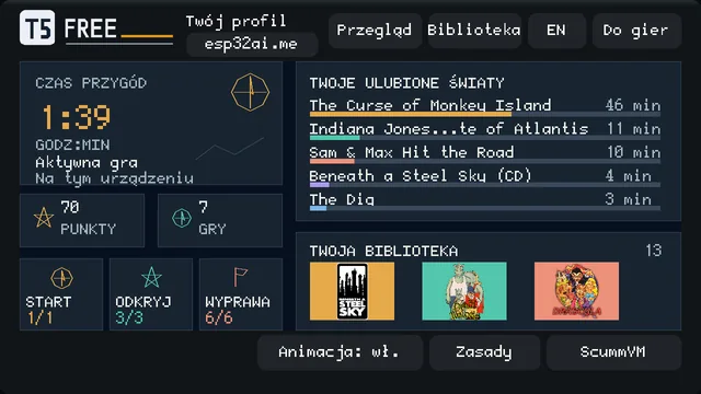 Ekran profilu na Tab5: logo T5 FREE, esp32ai.me, czas przygód 1:39, 70 punktów, 7 gier, ulubione światy z minutami i biblioteka 13 gier