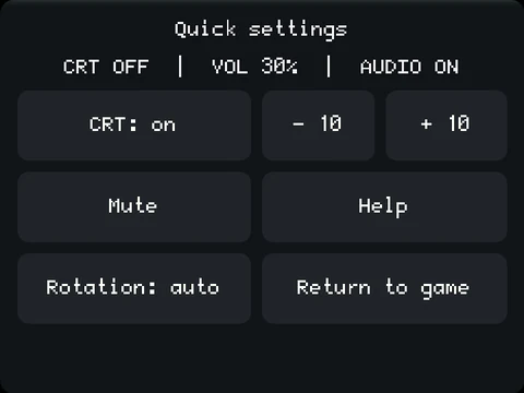 Quick settings on the Tab5 screen: CRT: on, − 10, + 10, Mute, Help, Rotation: auto, Return to game