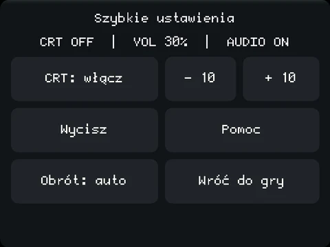 Szybkie ustawienia na ekranie Tab5: CRT: włącz, − 10, + 10, Wycisz, Pomoc, Obrót: auto, Wróć do gry