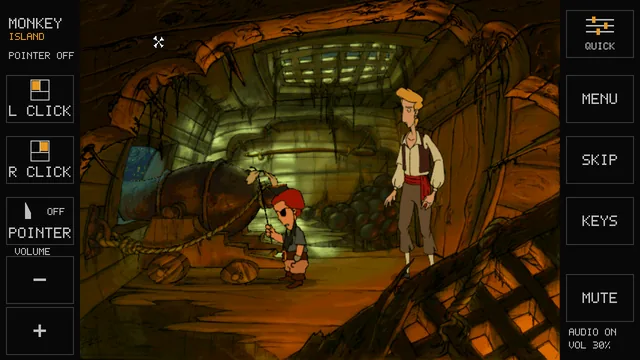 Prawdziwy ekran Tab5 w The Curse of Monkey Island: po lewej L CLICK, R CLICK, POINTER OFF i głośność, po prawej QUICK, MENU, SKIP, KEYS i MUTE z napisem AUDIO ON